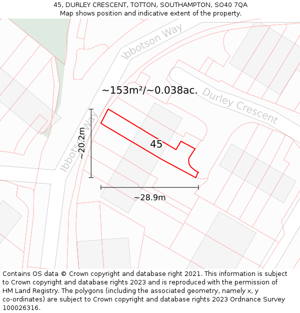45, DURLEY CRESCENT, TOTTON, SOUTHAMPTON, SO40 7QA: Plot and title map