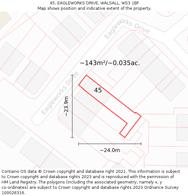 45, EAGLEWORKS DRIVE, WALSALL, WS3 1BF: Plot and title map