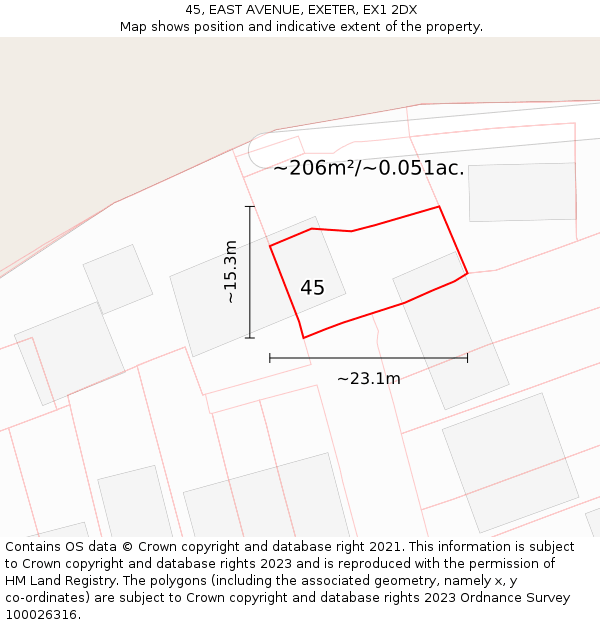 45, EAST AVENUE, EXETER, EX1 2DX: Plot and title map