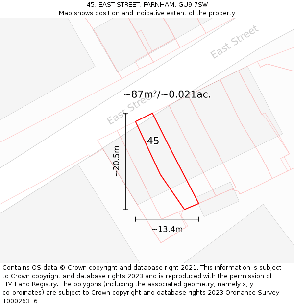 45, EAST STREET, FARNHAM, GU9 7SW: Plot and title map