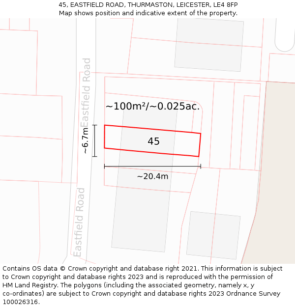45, EASTFIELD ROAD, THURMASTON, LEICESTER, LE4 8FP: Plot and title map