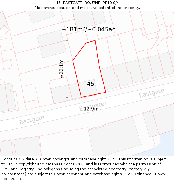 45, EASTGATE, BOURNE, PE10 9JY: Plot and title map