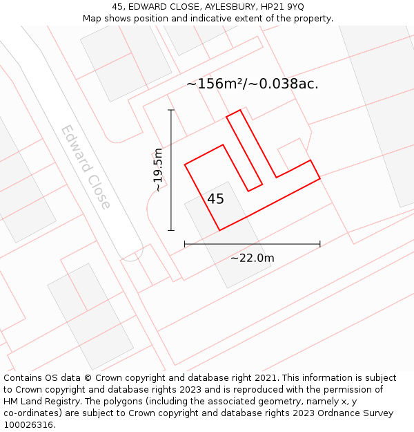 45, EDWARD CLOSE, AYLESBURY, HP21 9YQ: Plot and title map