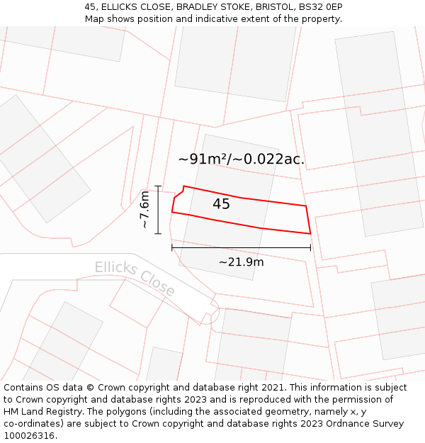 45, ELLICKS CLOSE, BRADLEY STOKE, BRISTOL, BS32 0EP: Plot and title map