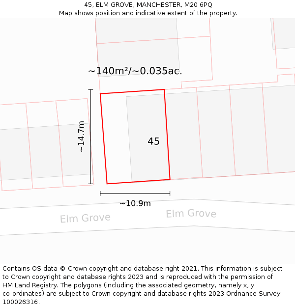 45, ELM GROVE, MANCHESTER, M20 6PQ: Plot and title map