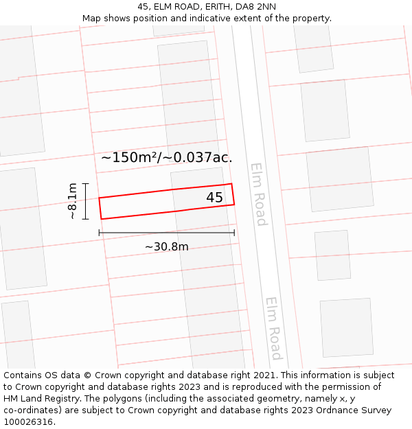 45, ELM ROAD, ERITH, DA8 2NN: Plot and title map