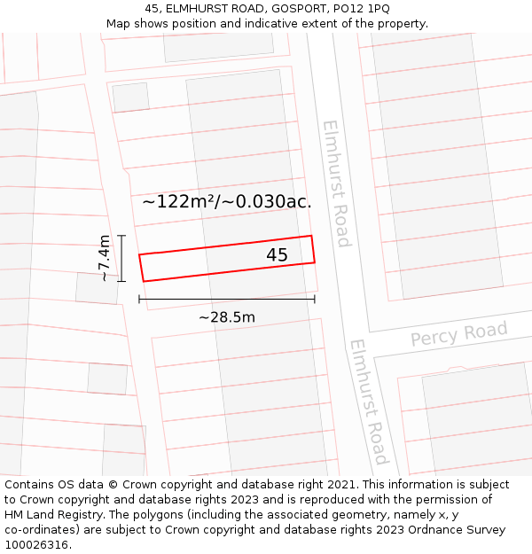45, ELMHURST ROAD, GOSPORT, PO12 1PQ: Plot and title map