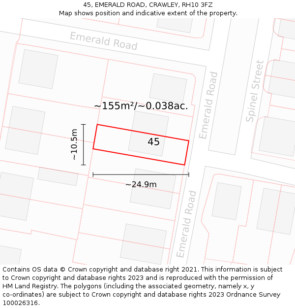 45, EMERALD ROAD, CRAWLEY, RH10 3FZ: Plot and title map
