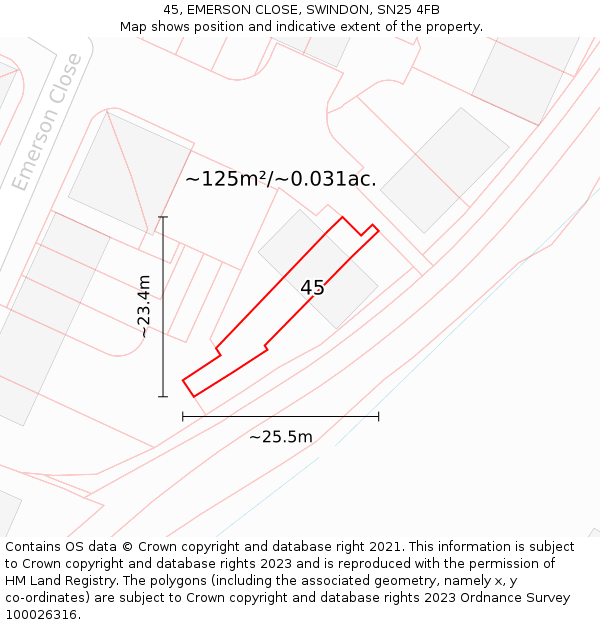 45, EMERSON CLOSE, SWINDON, SN25 4FB: Plot and title map
