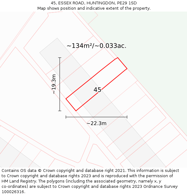 45, ESSEX ROAD, HUNTINGDON, PE29 1SD: Plot and title map