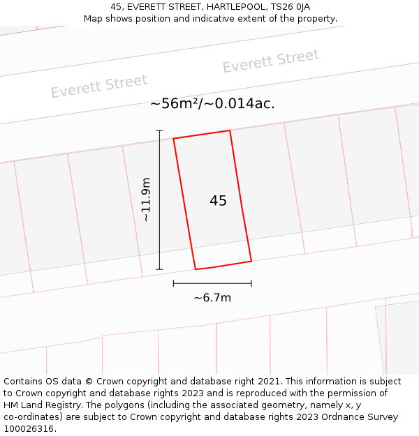 45, EVERETT STREET, HARTLEPOOL, TS26 0JA: Plot and title map