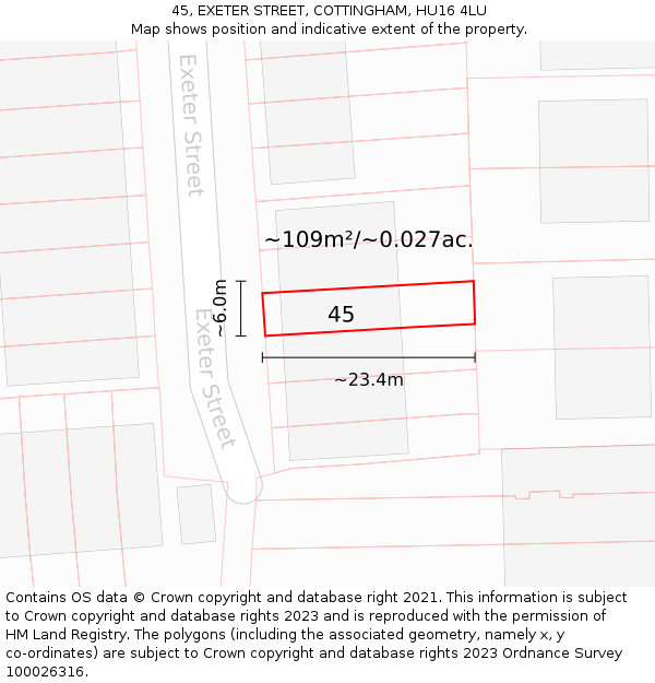 45, EXETER STREET, COTTINGHAM, HU16 4LU: Plot and title map