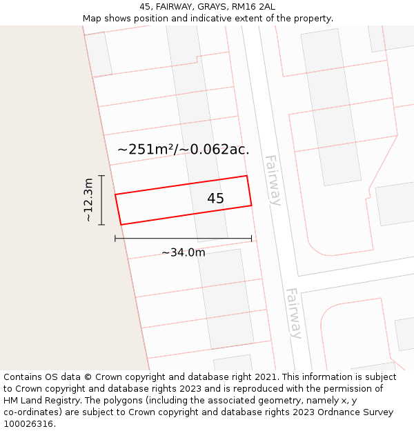45, FAIRWAY, GRAYS, RM16 2AL: Plot and title map