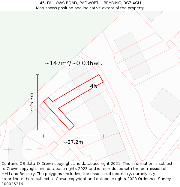 45, FALLOWS ROAD, PADWORTH, READING, RG7 4GU: Plot and title map