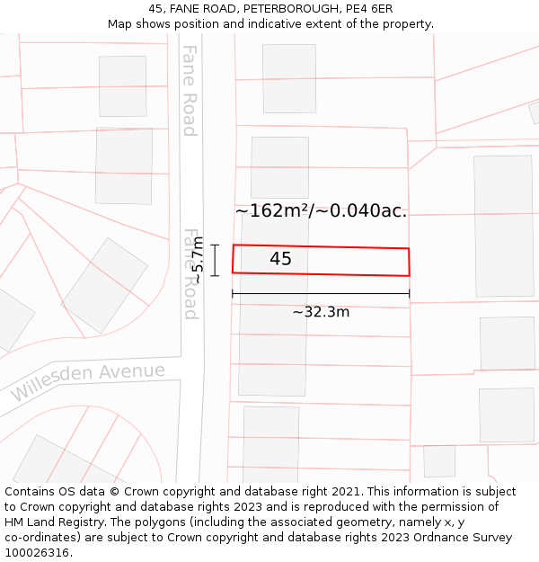 45, FANE ROAD, PETERBOROUGH, PE4 6ER: Plot and title map
