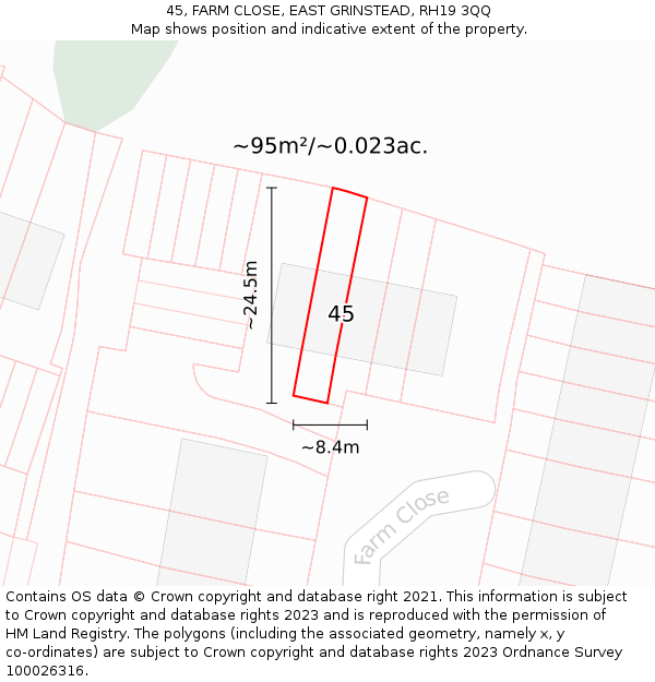 45, FARM CLOSE, EAST GRINSTEAD, RH19 3QQ: Plot and title map