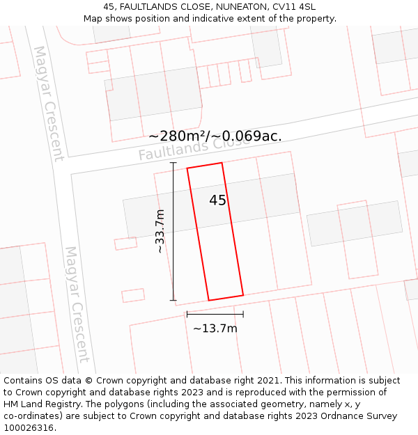 45, FAULTLANDS CLOSE, NUNEATON, CV11 4SL: Plot and title map