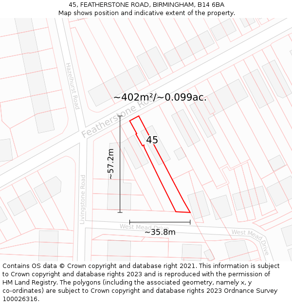 45, FEATHERSTONE ROAD, BIRMINGHAM, B14 6BA: Plot and title map