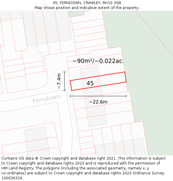 45, FERNDOWN, CRAWLEY, RH10 3SB: Plot and title map