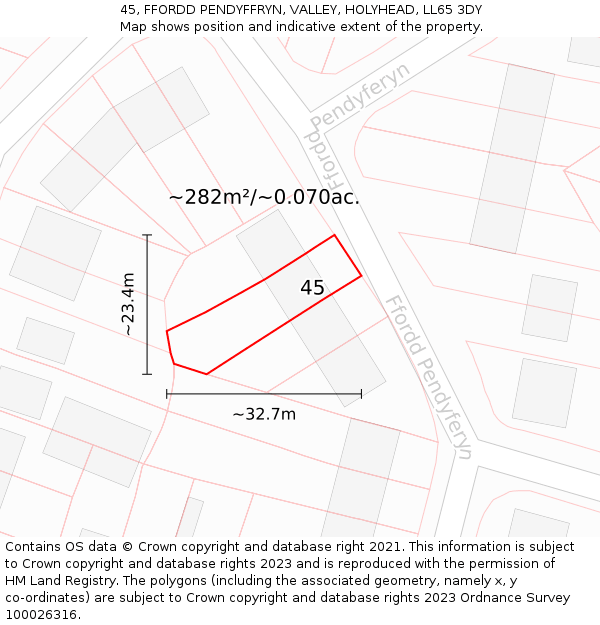 45, FFORDD PENDYFFRYN, VALLEY, HOLYHEAD, LL65 3DY: Plot and title map