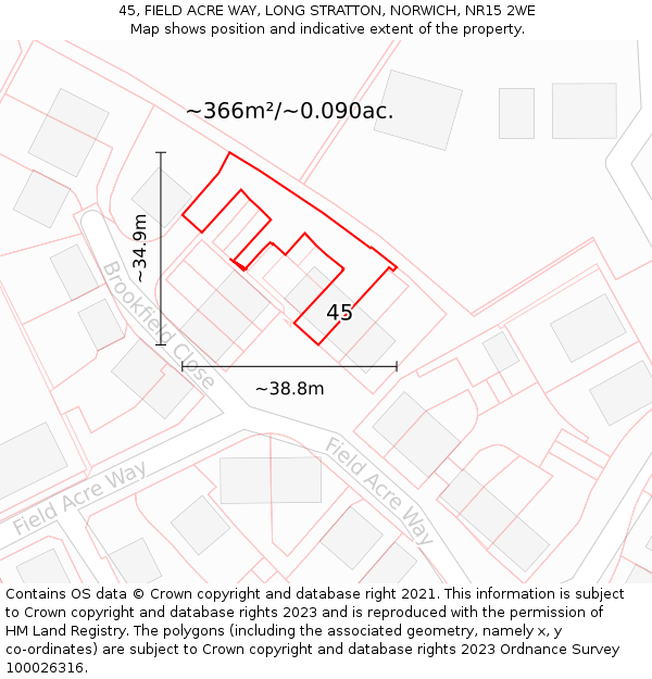 45, FIELD ACRE WAY, LONG STRATTON, NORWICH, NR15 2WE: Plot and title map