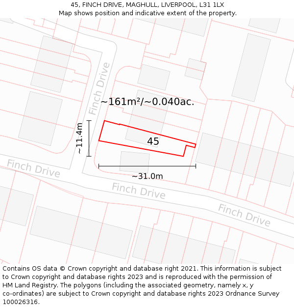 45, FINCH DRIVE, MAGHULL, LIVERPOOL, L31 1LX: Plot and title map