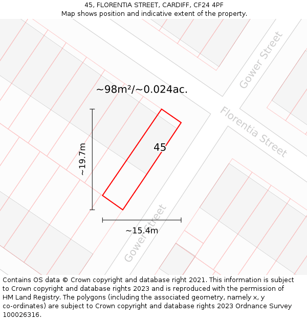 45, FLORENTIA STREET, CARDIFF, CF24 4PF: Plot and title map