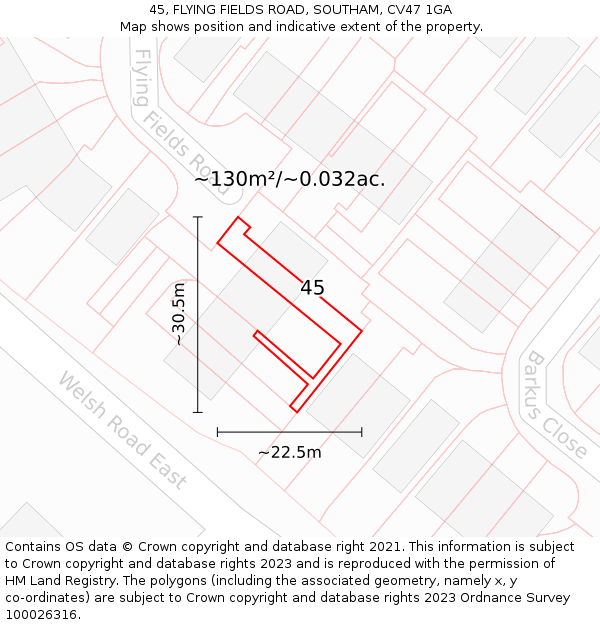 45, FLYING FIELDS ROAD, SOUTHAM, CV47 1GA: Plot and title map