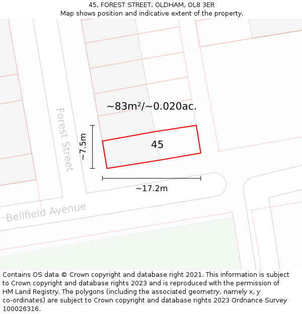 45, FOREST STREET, OLDHAM, OL8 3ER: Plot and title map