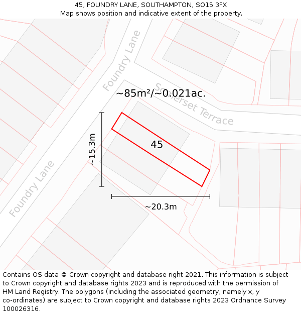 45, FOUNDRY LANE, SOUTHAMPTON, SO15 3FX: Plot and title map