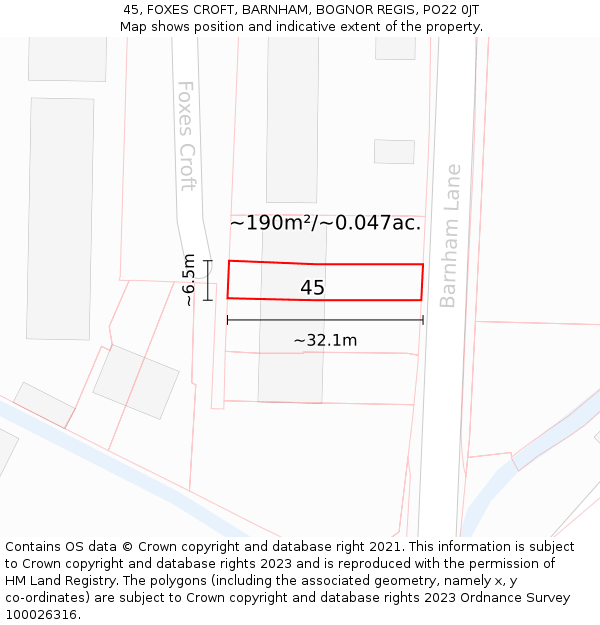 45, FOXES CROFT, BARNHAM, BOGNOR REGIS, PO22 0JT: Plot and title map
