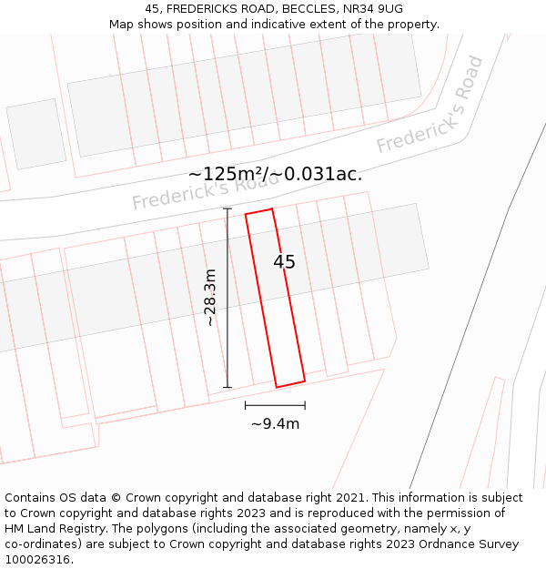 45, FREDERICKS ROAD, BECCLES, NR34 9UG: Plot and title map