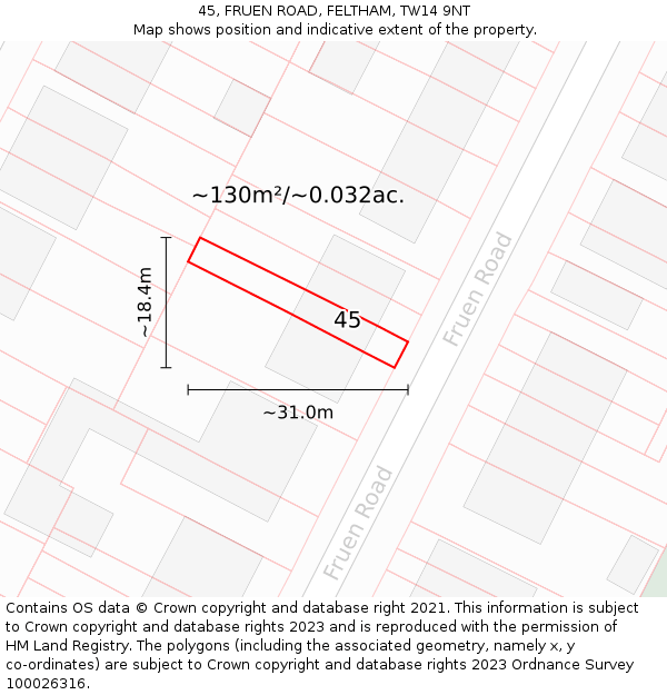 45, FRUEN ROAD, FELTHAM, TW14 9NT: Plot and title map