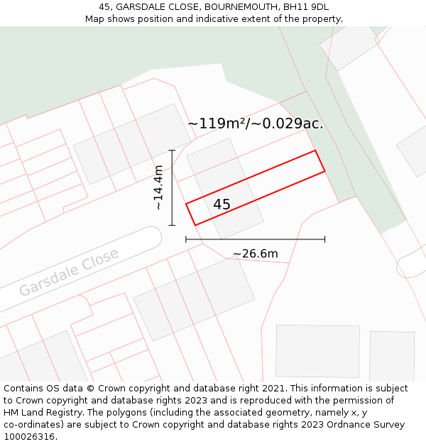 45, GARSDALE CLOSE, BOURNEMOUTH, BH11 9DL: Plot and title map