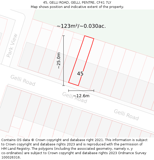 45, GELLI ROAD, GELLI, PENTRE, CF41 7LY: Plot and title map
