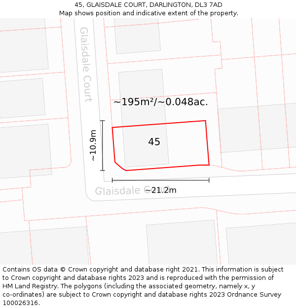 45, GLAISDALE COURT, DARLINGTON, DL3 7AD: Plot and title map