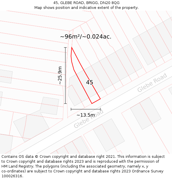 45, GLEBE ROAD, BRIGG, DN20 8QG: Plot and title map
