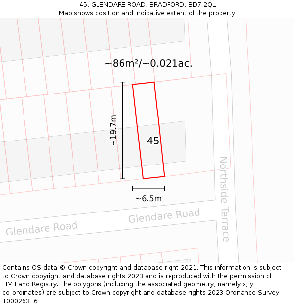 45, GLENDARE ROAD, BRADFORD, BD7 2QL: Plot and title map