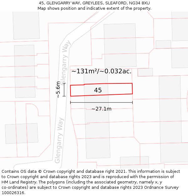 45, GLENGARRY WAY, GREYLEES, SLEAFORD, NG34 8XU: Plot and title map