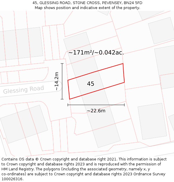 45, GLESSING ROAD, STONE CROSS, PEVENSEY, BN24 5FD: Plot and title map