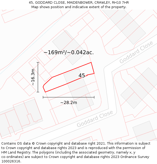 45, GODDARD CLOSE, MAIDENBOWER, CRAWLEY, RH10 7HR: Plot and title map