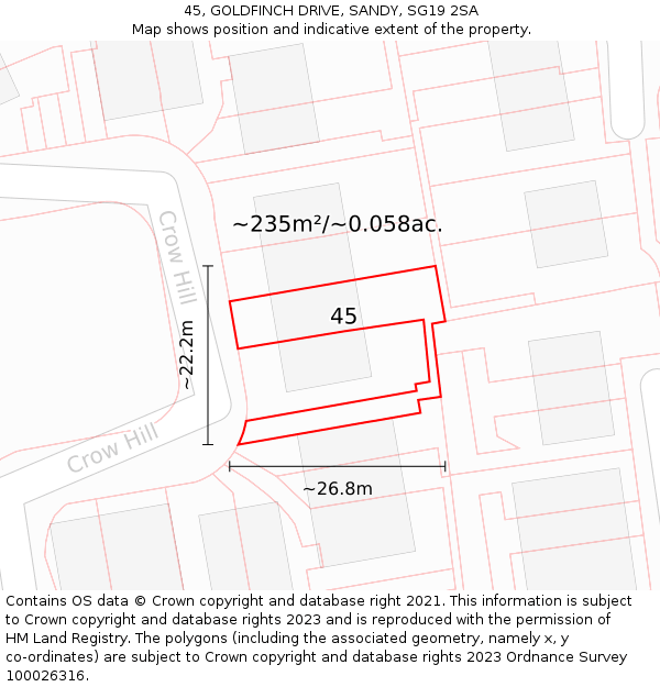 45, GOLDFINCH DRIVE, SANDY, SG19 2SA: Plot and title map