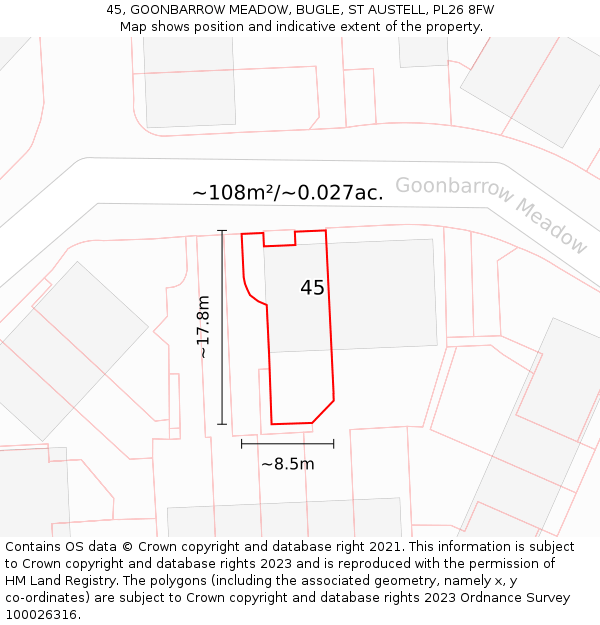 45, GOONBARROW MEADOW, BUGLE, ST AUSTELL, PL26 8FW: Plot and title map