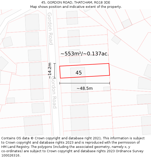 45, GORDON ROAD, THATCHAM, RG18 3DE: Plot and title map