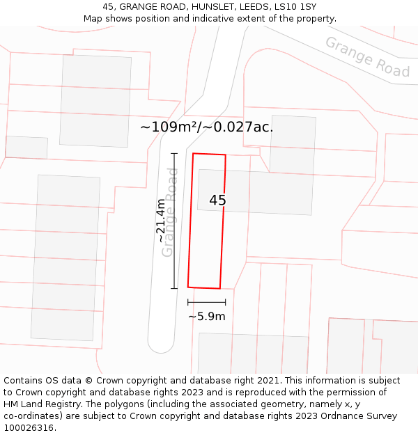 45, GRANGE ROAD, HUNSLET, LEEDS, LS10 1SY: Plot and title map