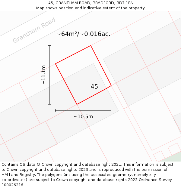 45, GRANTHAM ROAD, BRADFORD, BD7 1RN: Plot and title map