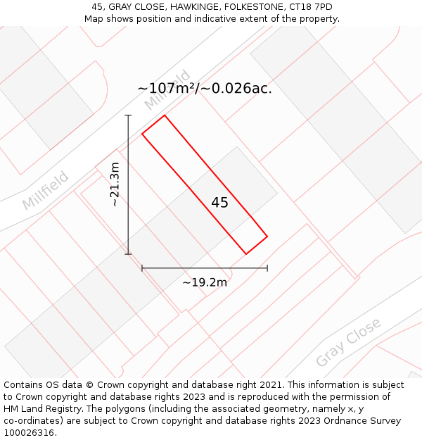 45, GRAY CLOSE, HAWKINGE, FOLKESTONE, CT18 7PD: Plot and title map