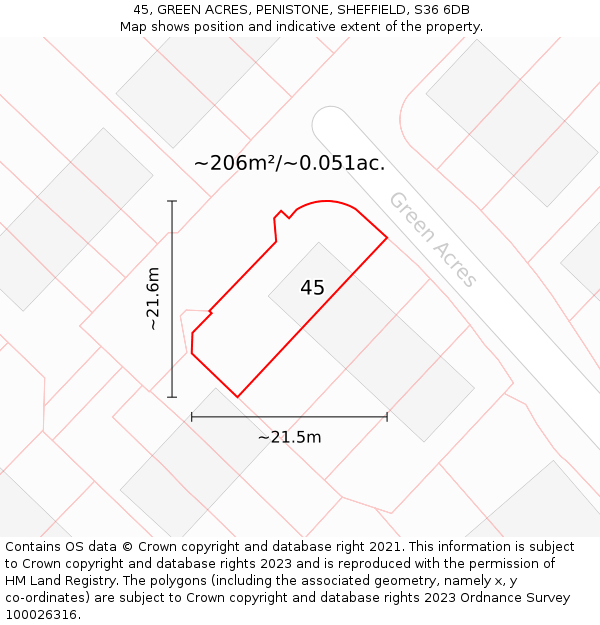 45, GREEN ACRES, PENISTONE, SHEFFIELD, S36 6DB: Plot and title map