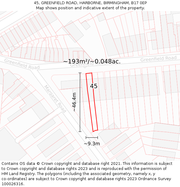 45, GREENFIELD ROAD, HARBORNE, BIRMINGHAM, B17 0EP: Plot and title map
