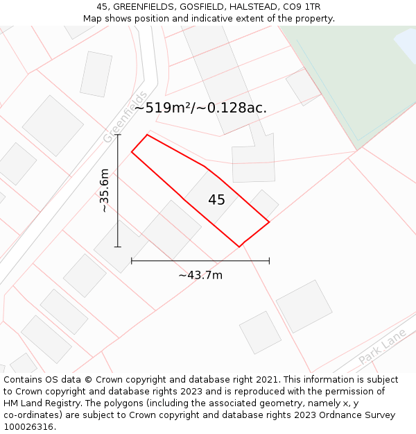 45, GREENFIELDS, GOSFIELD, HALSTEAD, CO9 1TR: Plot and title map